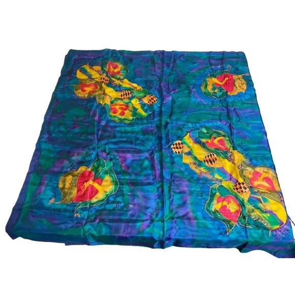 Hand-Painted Silk Scarf With Vibrant Floral Design 36"x37" - Picture 2 of 4